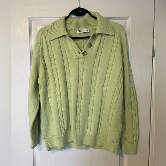 Zara Sweaters - Zara 100% Cotton - Green Cable-Knit Polo Sweater